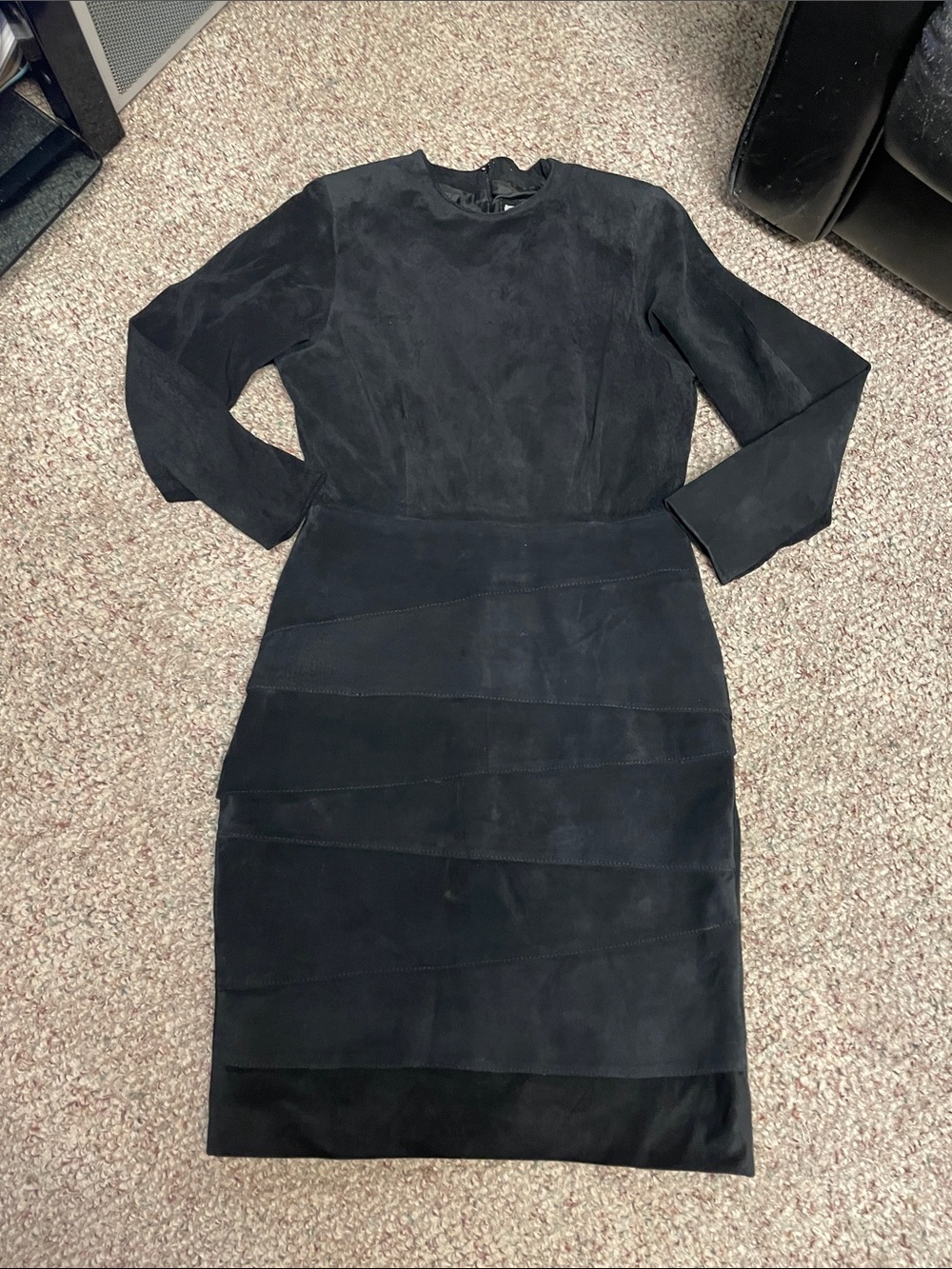 Vintage 90s suede padded sholder Black Long-Sleeve Sheath Dress